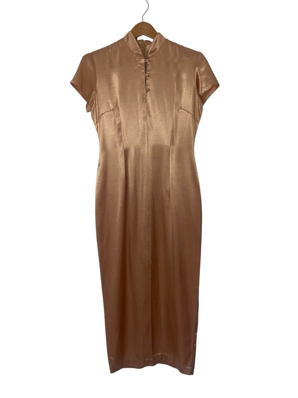 Vintage Silky Champagne Maxi Dress with Mandarin Collar
